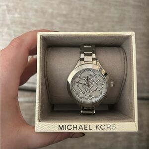 Michael Kors Silver Crystal Rose Motif Bracelet Watch